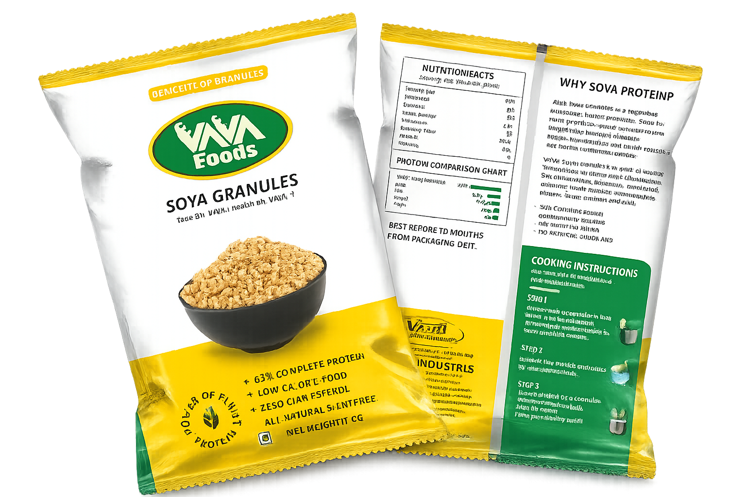 VAVA Foods complete product range — Soya Chunks, Millet Pasta, Macaroni, Vermicelli and Daliya